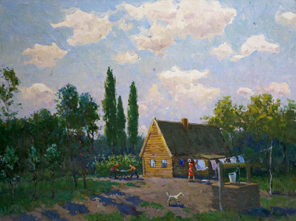 Oil painting of rustic wooden house with thatched roof, blue shutters, trees