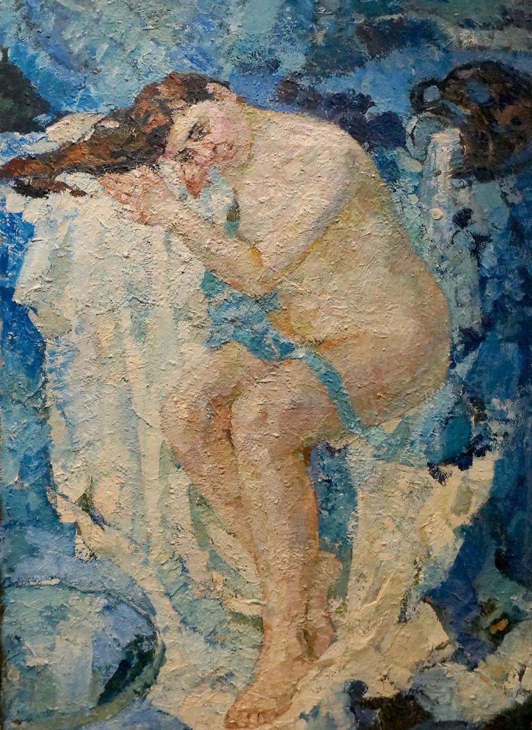 Textured impressionistic oil painting recreation of Tytarenko Odarka Anatoliivna nude woman in earthy tones on vibrant blue background