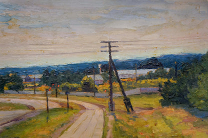 Oil painting Road to town by Zhurakovsky Victor Petrovich: weathered pole by dirt road