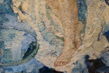 Textured impressionistic oil painting by Tytarenko Odarka Anatoliivna of bare foot in earthy tones on blue-white backdrop