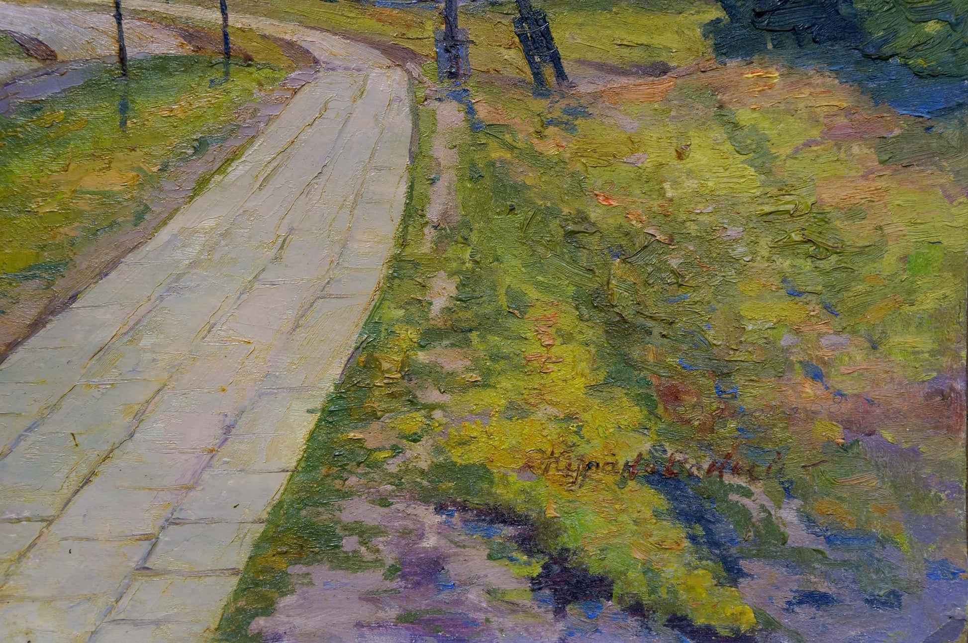 Oil painting Road to town by Zhurakovsky Victor Petrovich, winding path in green grass