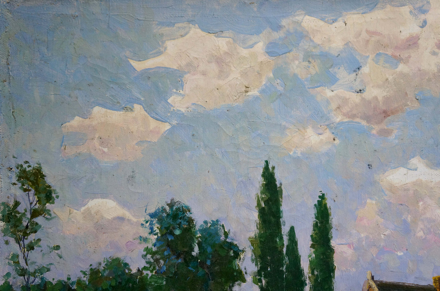 Oil painting Country Life: impressionistic clouds over dark green trees
