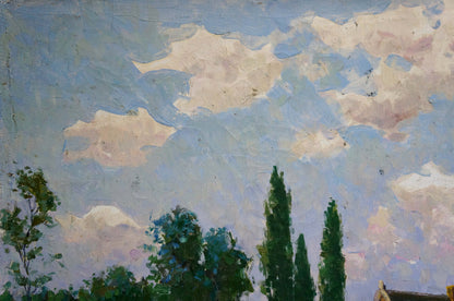 Oil painting Country Life: impressionistic clouds over dark green trees