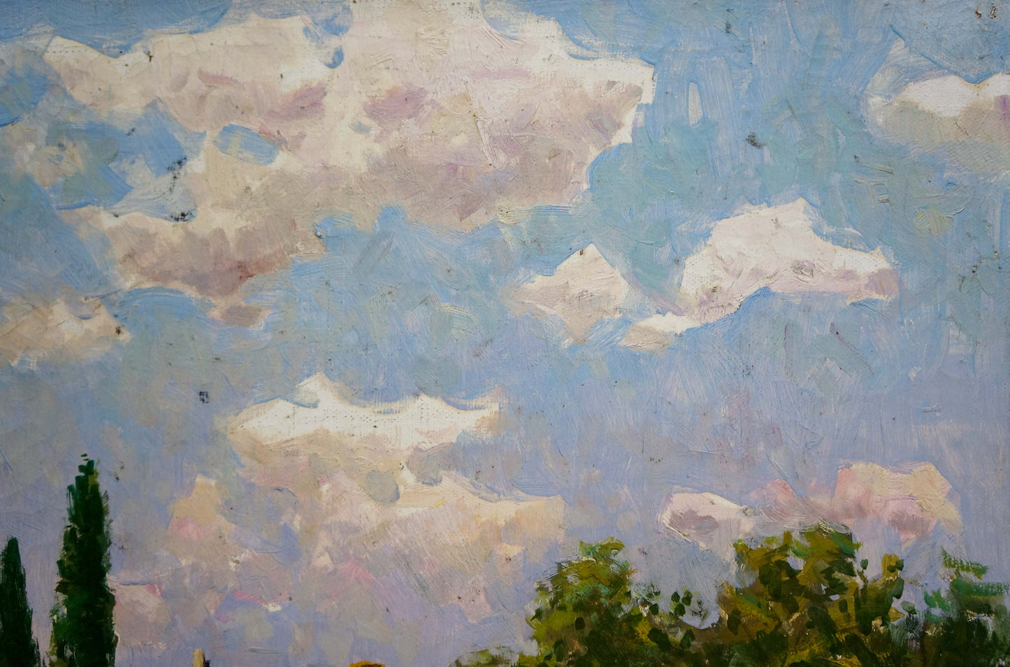 Impressionistic oil painting of fluffy clouds in country life sky