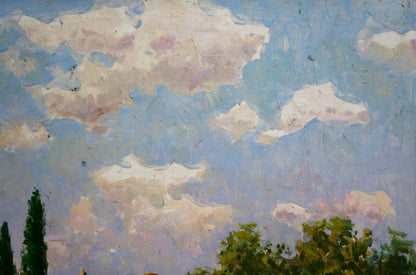 Impressionistic oil painting of fluffy clouds in country life sky