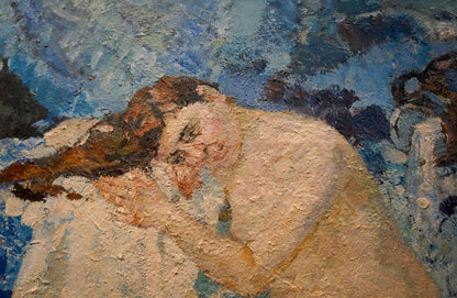 Oil painting recreation by Tytarenko Odarka Anatoliivna: nude figure on blue background