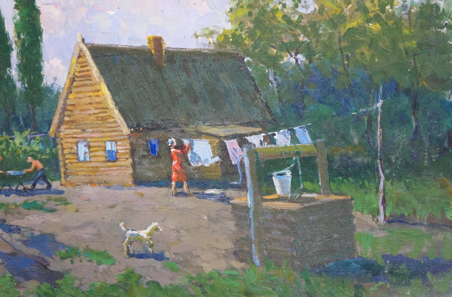 Oil painting of rustic wooden country house with thatched roof and blue windows