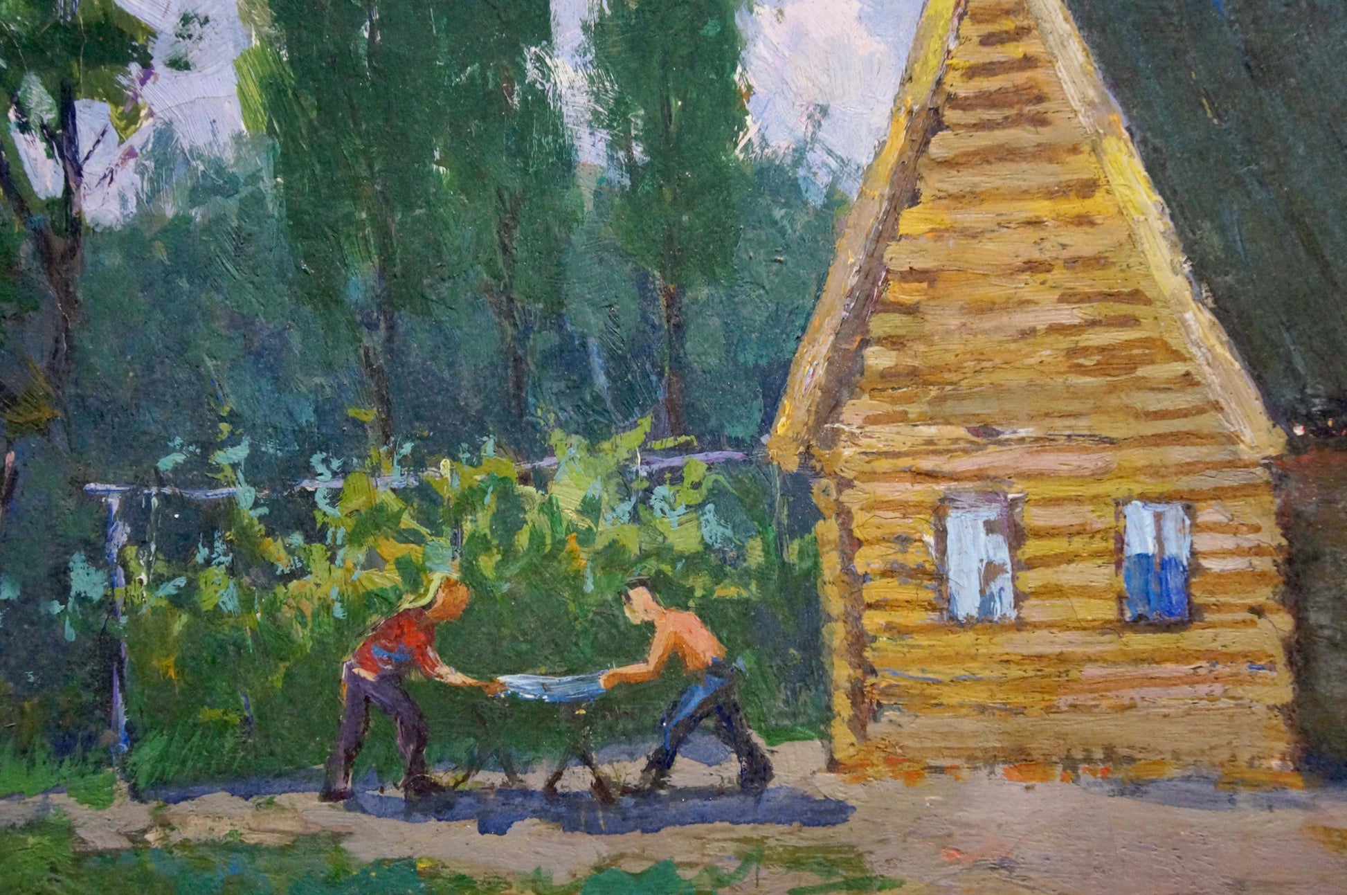 Yellow log cabin with blue window frames oil painting Country life
