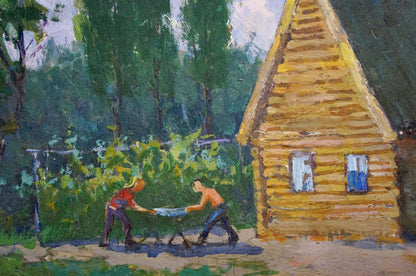 Yellow log cabin with blue window frames oil painting Country life