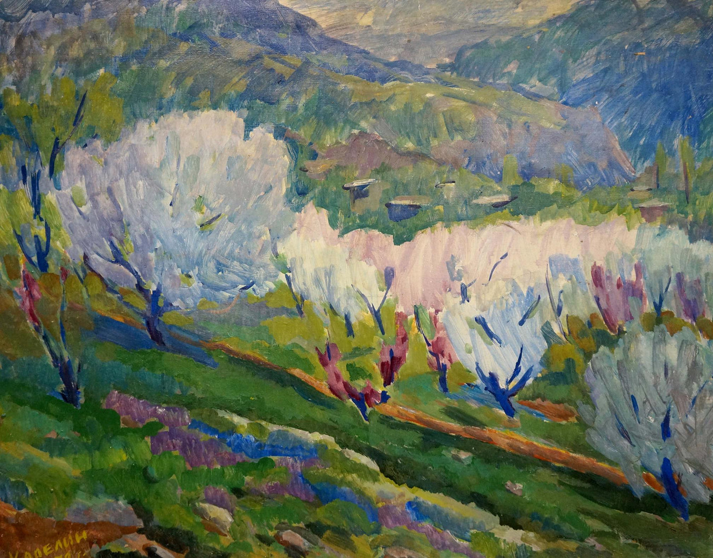 Vibrant impressionist tempera painting by Karelin Vyacheslav: blooming orchard