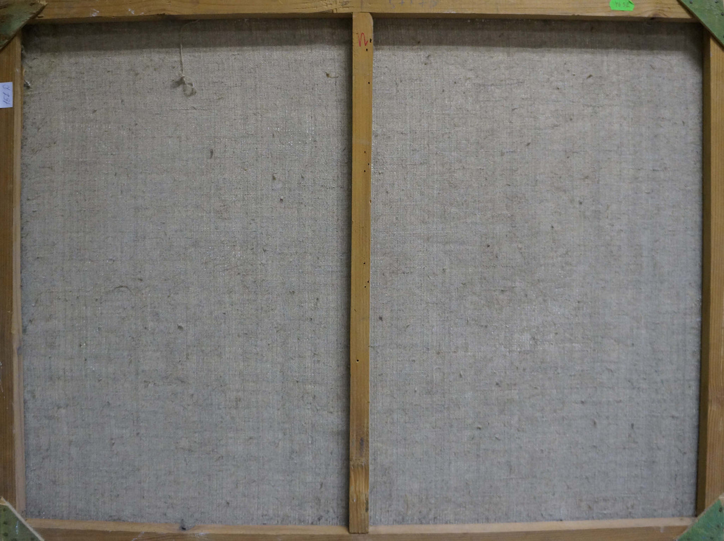 Back of Oil painting Country life canvas with gray fabric stretched on wooden frame
