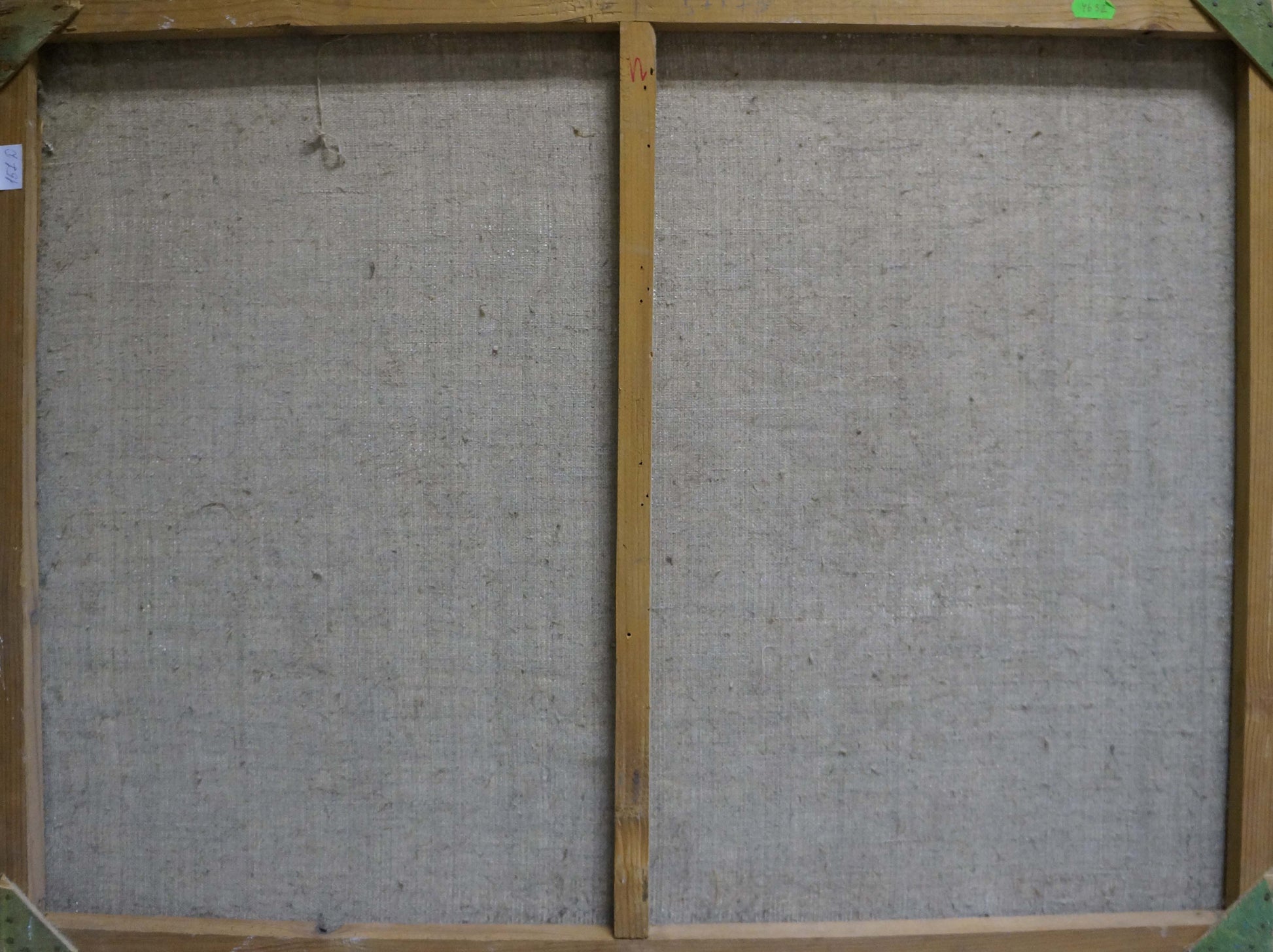 Back of Oil painting Country life canvas with gray fabric stretched on wooden frame