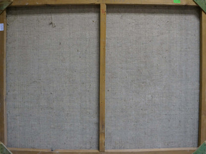 Back of Oil painting Country life canvas with gray fabric stretched on wooden frame