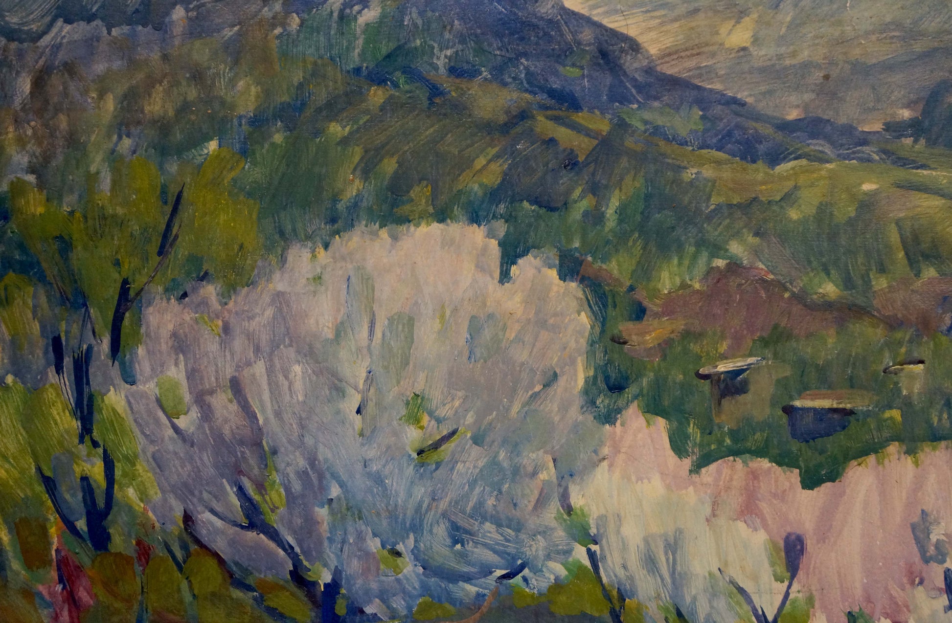 Vibrant impressionist tempera painting by Karelin Vyacheslav with blooming trees