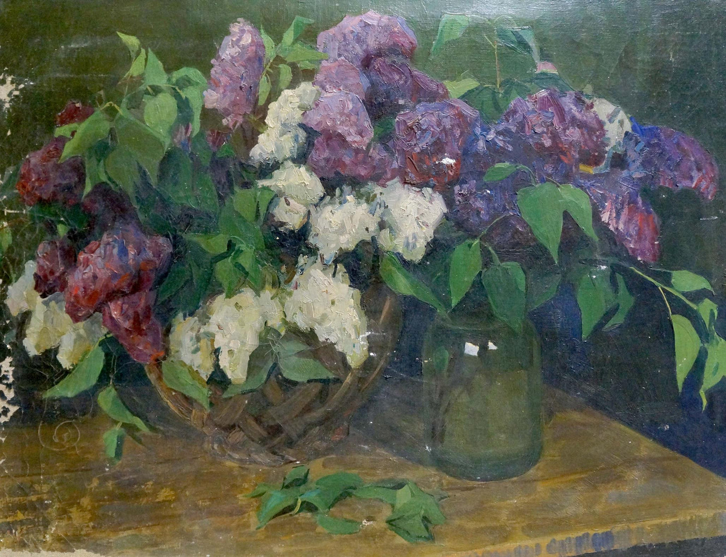 Oil painting of vibrant lilac bouquet in purple, white, red in basket
