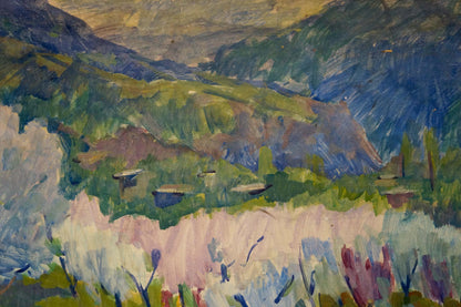 Vibrant impressionist tempera painting by Karelin Vyacheslav: blooming trees, hills, mountains, flowers