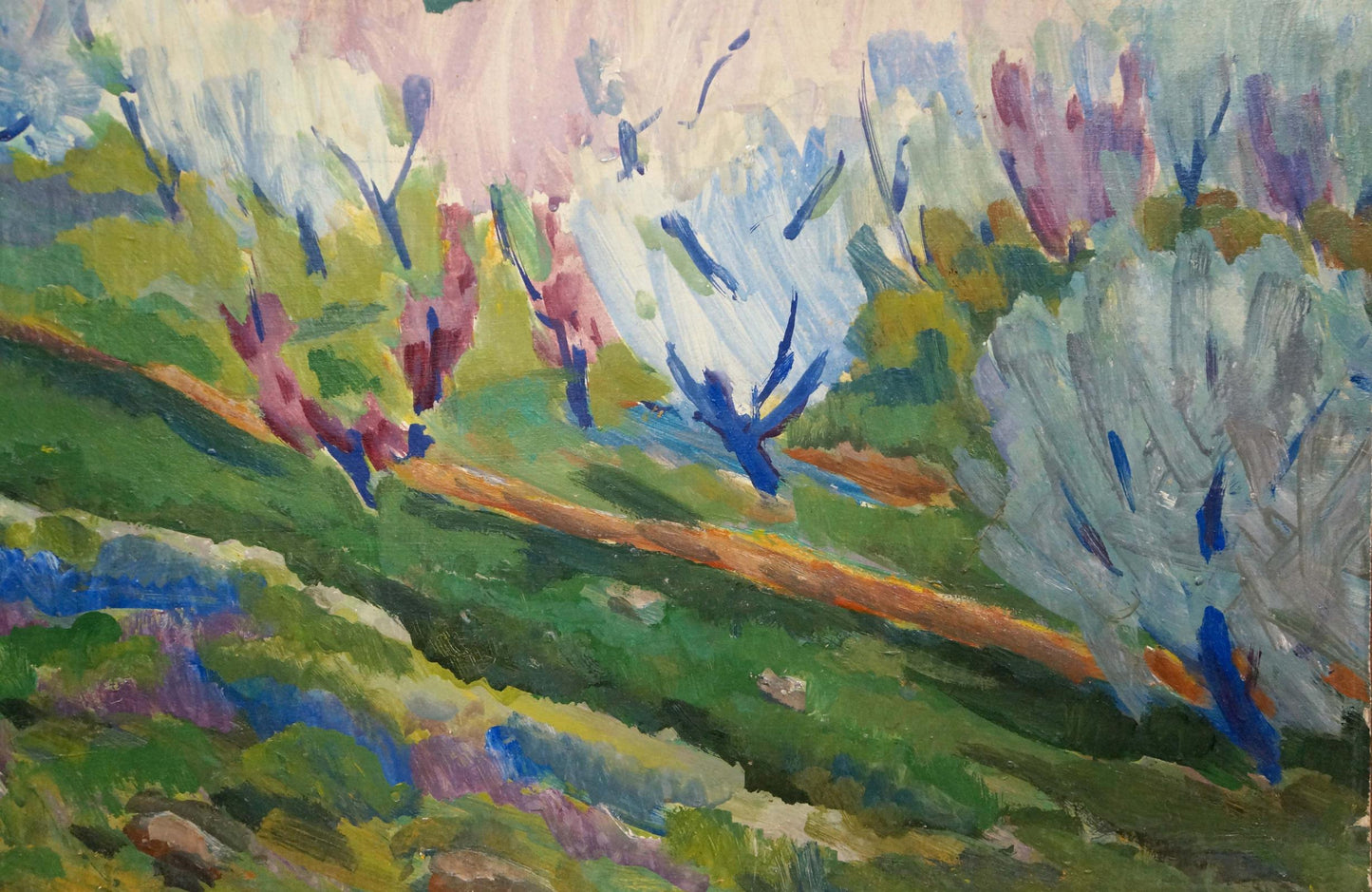 Vibrant impressionist tempera painting by Karelin Vyacheslav: blooming trees in white, pink, purple on green hills