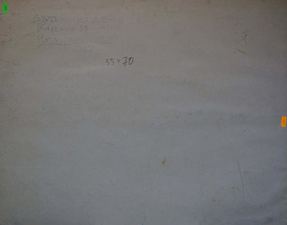 Back of Tempera painting The trees are blooming by Karelin Vyacheslav: gray textured wall with markings and yellow tag