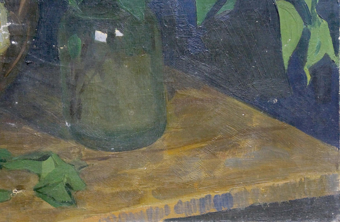 Oil painting Lilac in a Vase with green textured glass jar on wood table