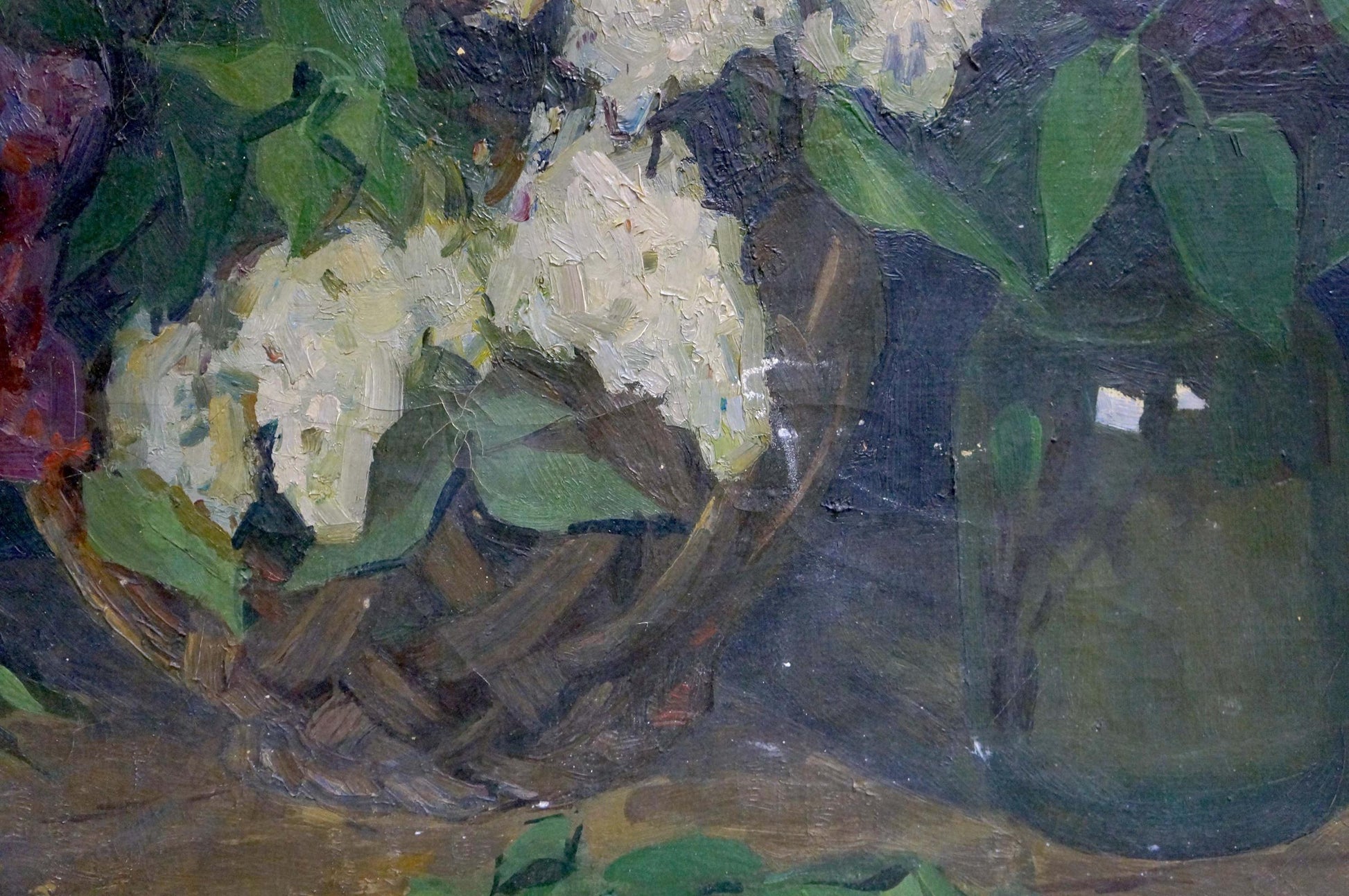 Oil painting of lilac in vase with white hydrangeas in woven brown basket