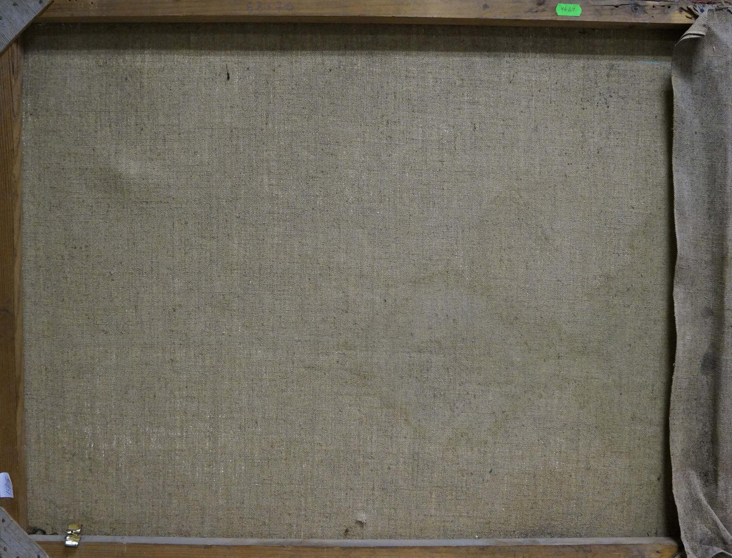 Back of beige linen canvas oil painting Lilac in a vase on wooden frame