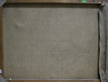 Back of beige linen canvas oil painting Lilac in a vase on wooden frame