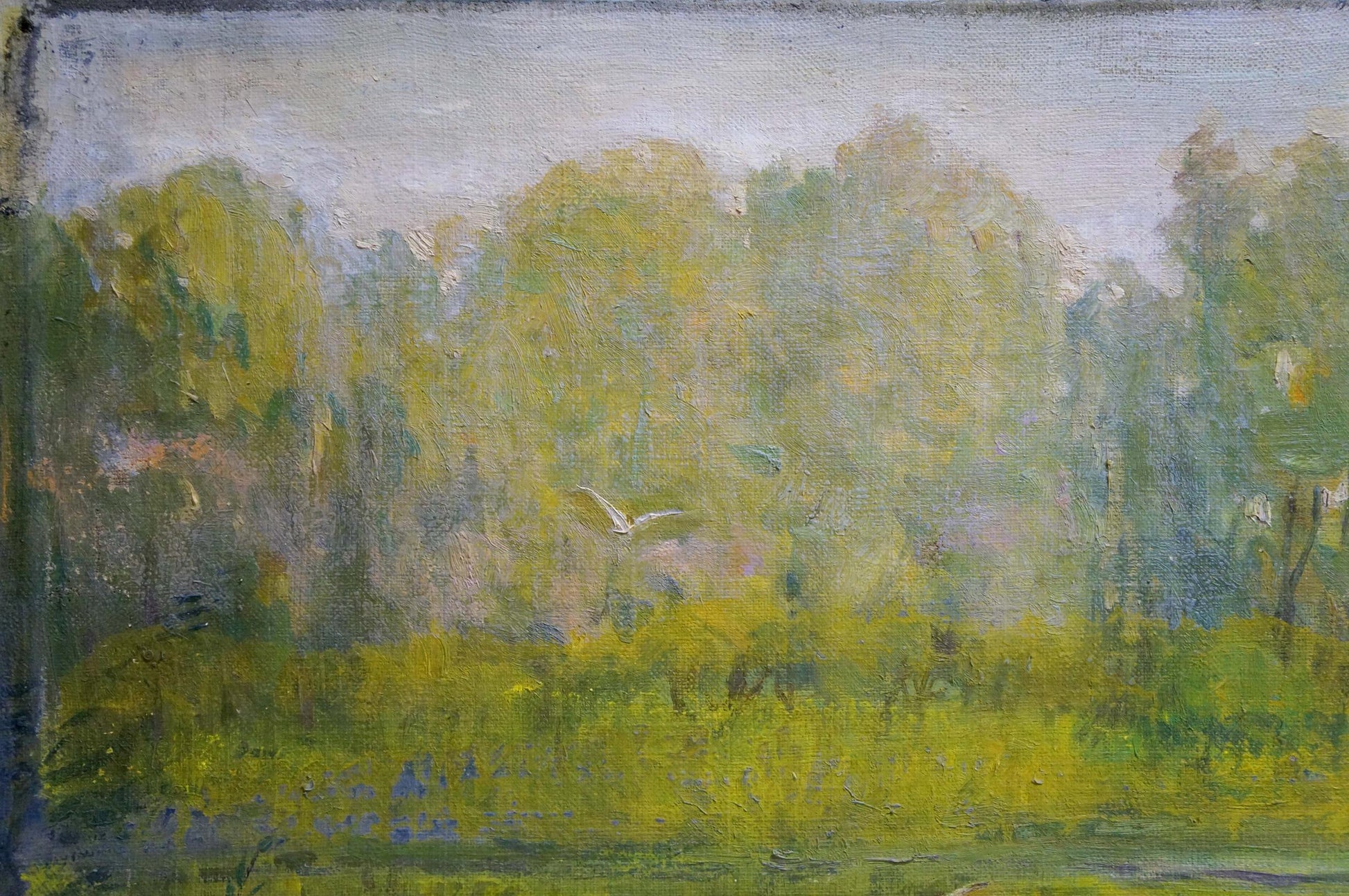Impressionistic oil painting of lush forest and river landscape by Ivan Grigor’yevich