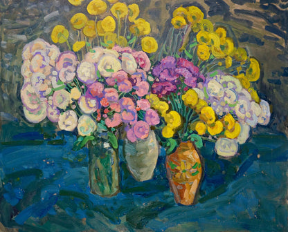 Oil painting of three vases with vibrant yellow pink purple white bouquets by Gaiduk Zinaida Kirillovna