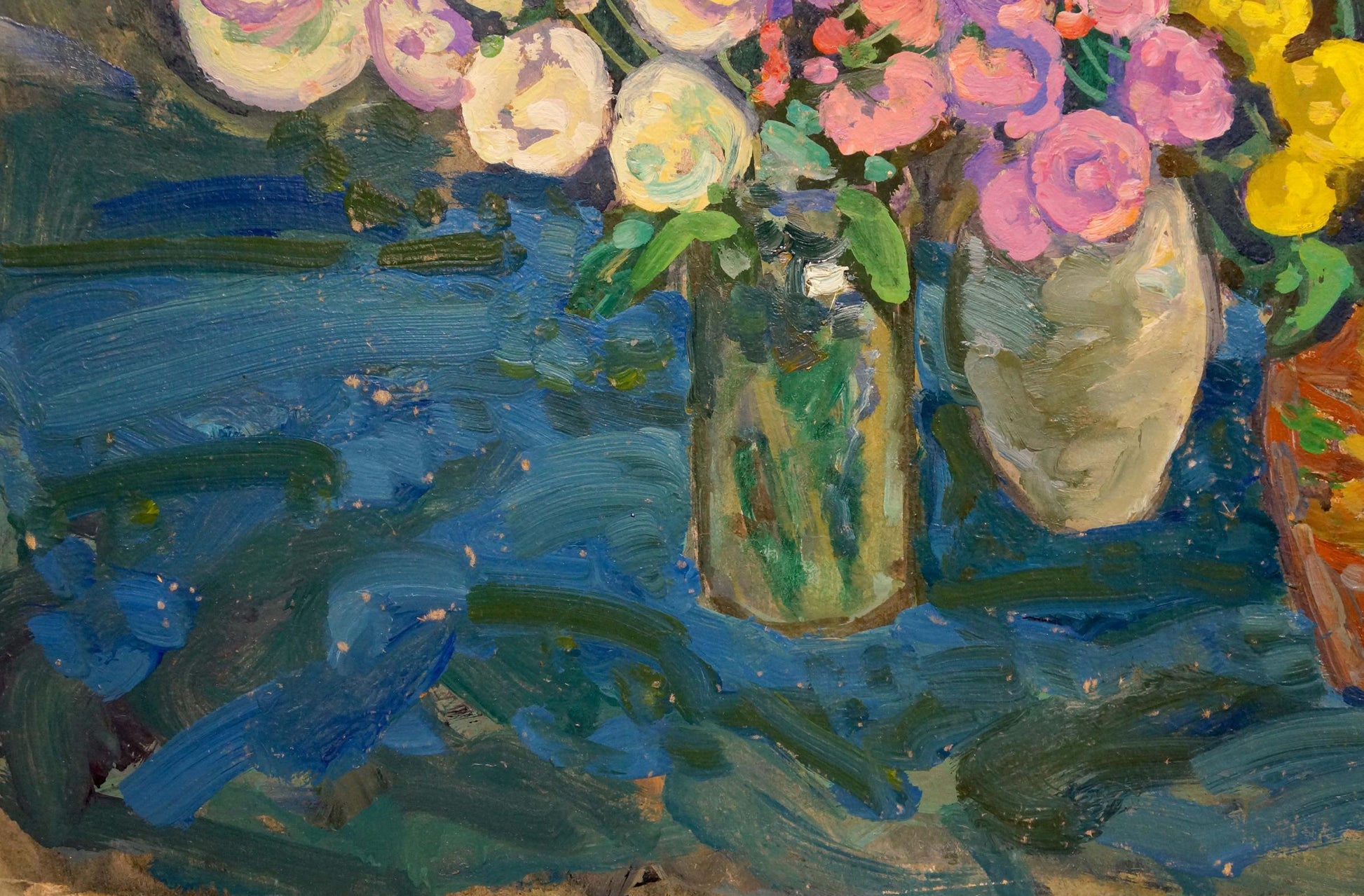 Oil painting of vibrant pink yellow white flowers in green vase by Gaiduk Zinaida Kirillovna