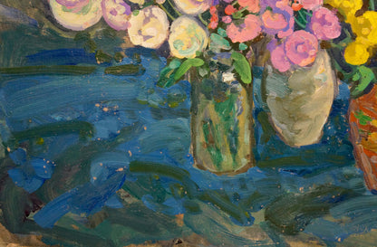Oil painting of vibrant pink yellow white flowers in green vase by Gaiduk Zinaida Kirillovna
