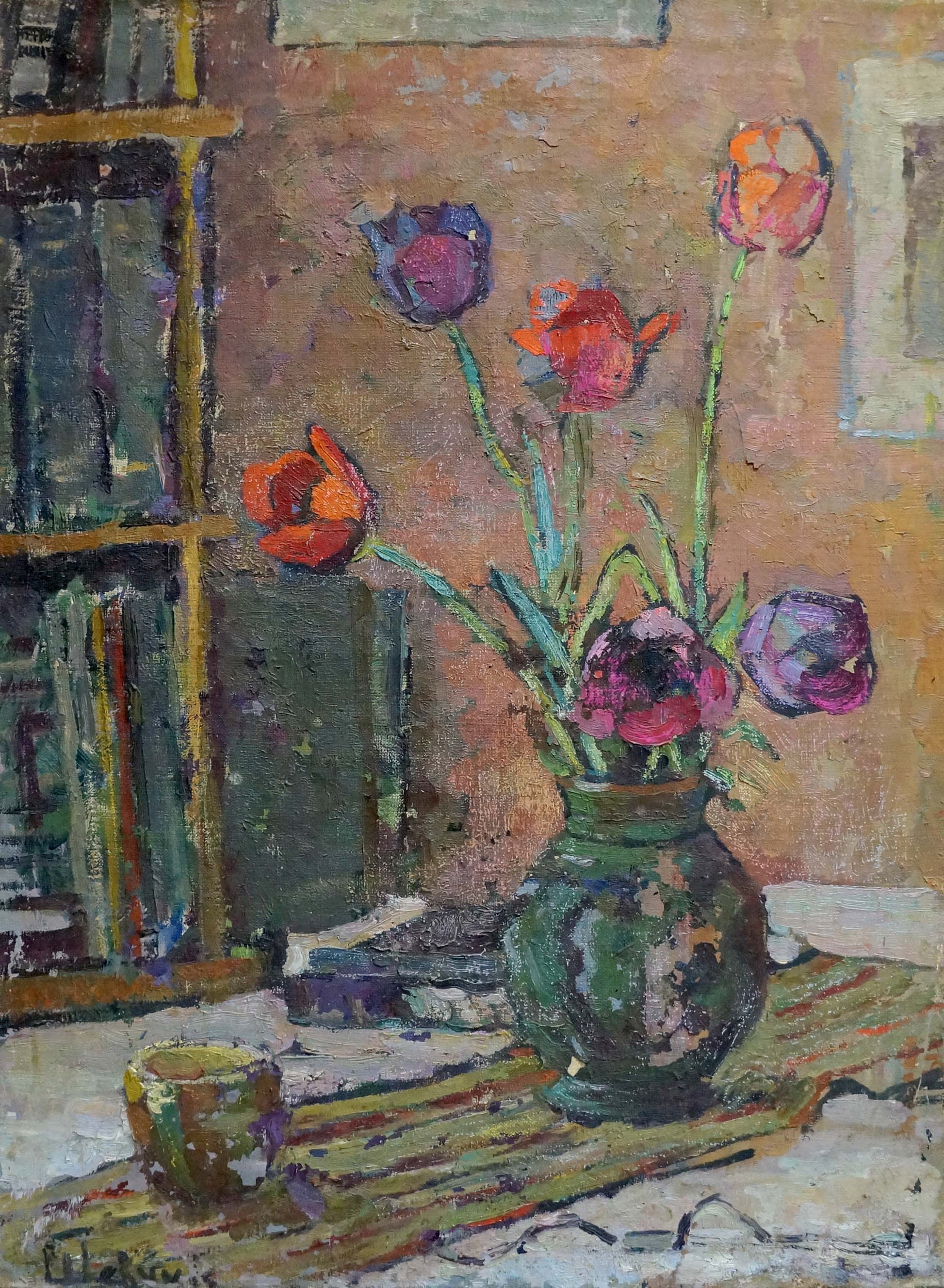 Oil painting of Yuri Dmitrievich Shevchik tulips in green textured vase