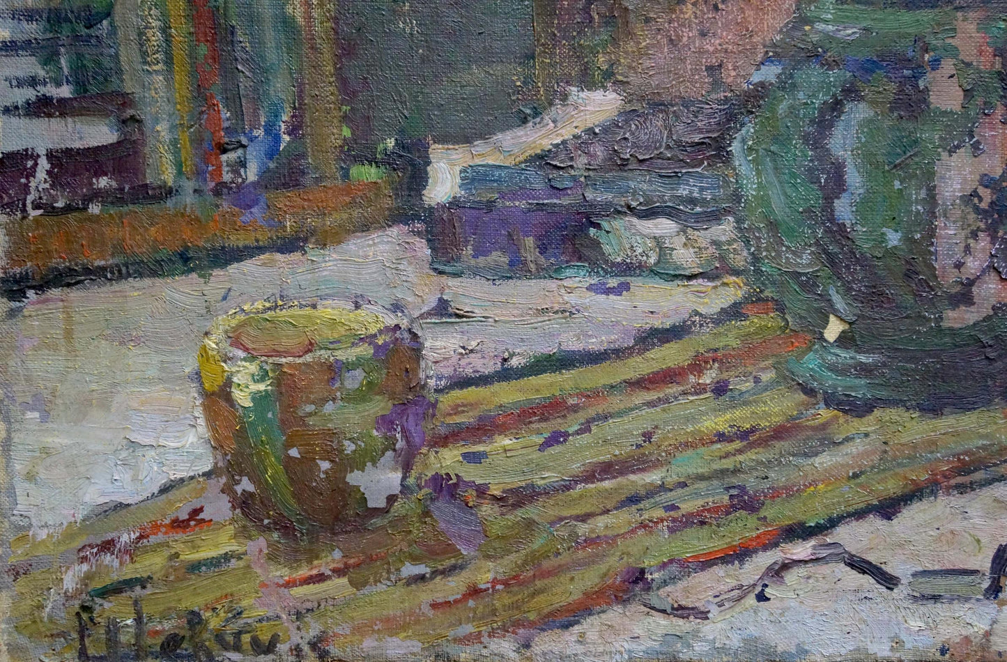 Textured earth-toned ceramic cup by Yuri Dmitrievich Shevchik on painted surface