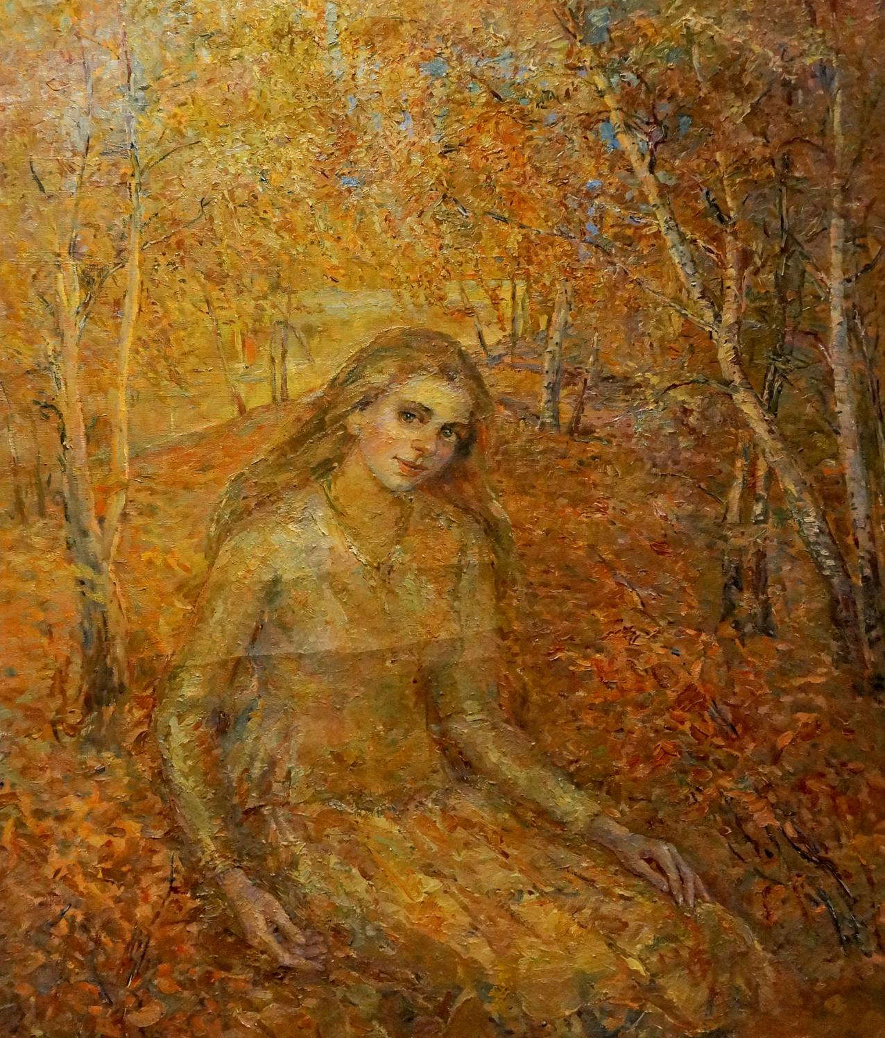 Oil painting by Anatoliivna Odarka Tytarenko: blonde woman in autumn forest