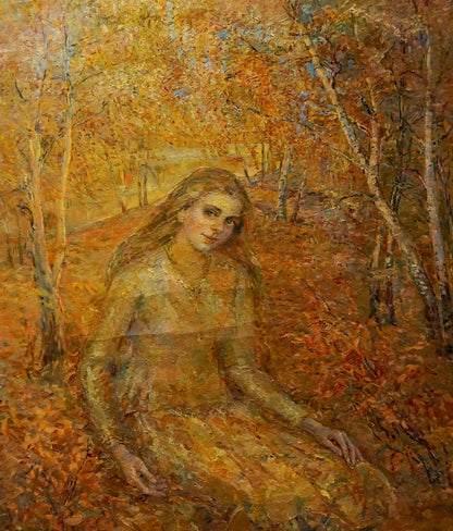 Oil painting by Anatoliivna Odarka Tytarenko: blonde woman in autumn forest