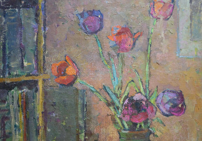 Vibrant oil painting of tulips in green vase by Yuri Dmitrievich Shevchik