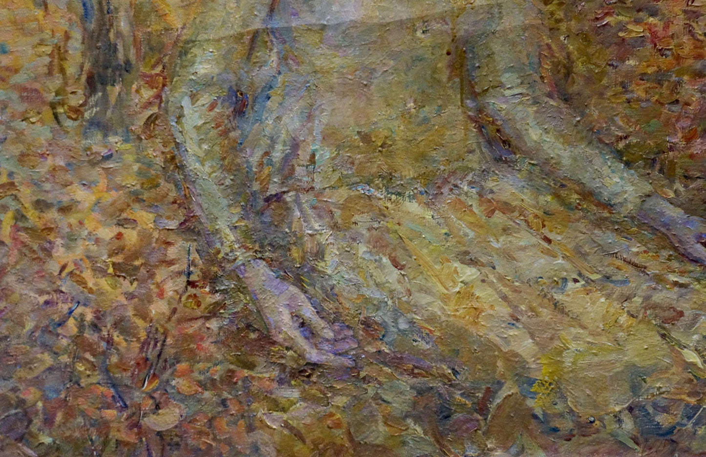 Oil painting Autumn by Tytarenko Odarka Anatoliivna, textured figure in golden-yellow and purple fabric