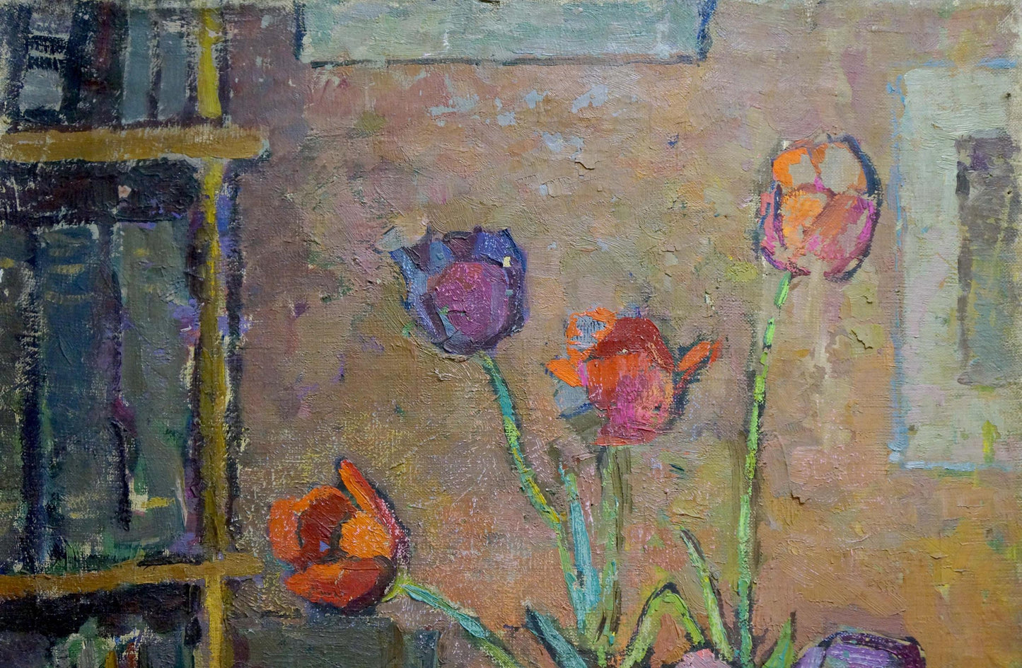 Oil painting of vibrant purple, orange, pink tulips by Yuri Dmitrievich Shevchik