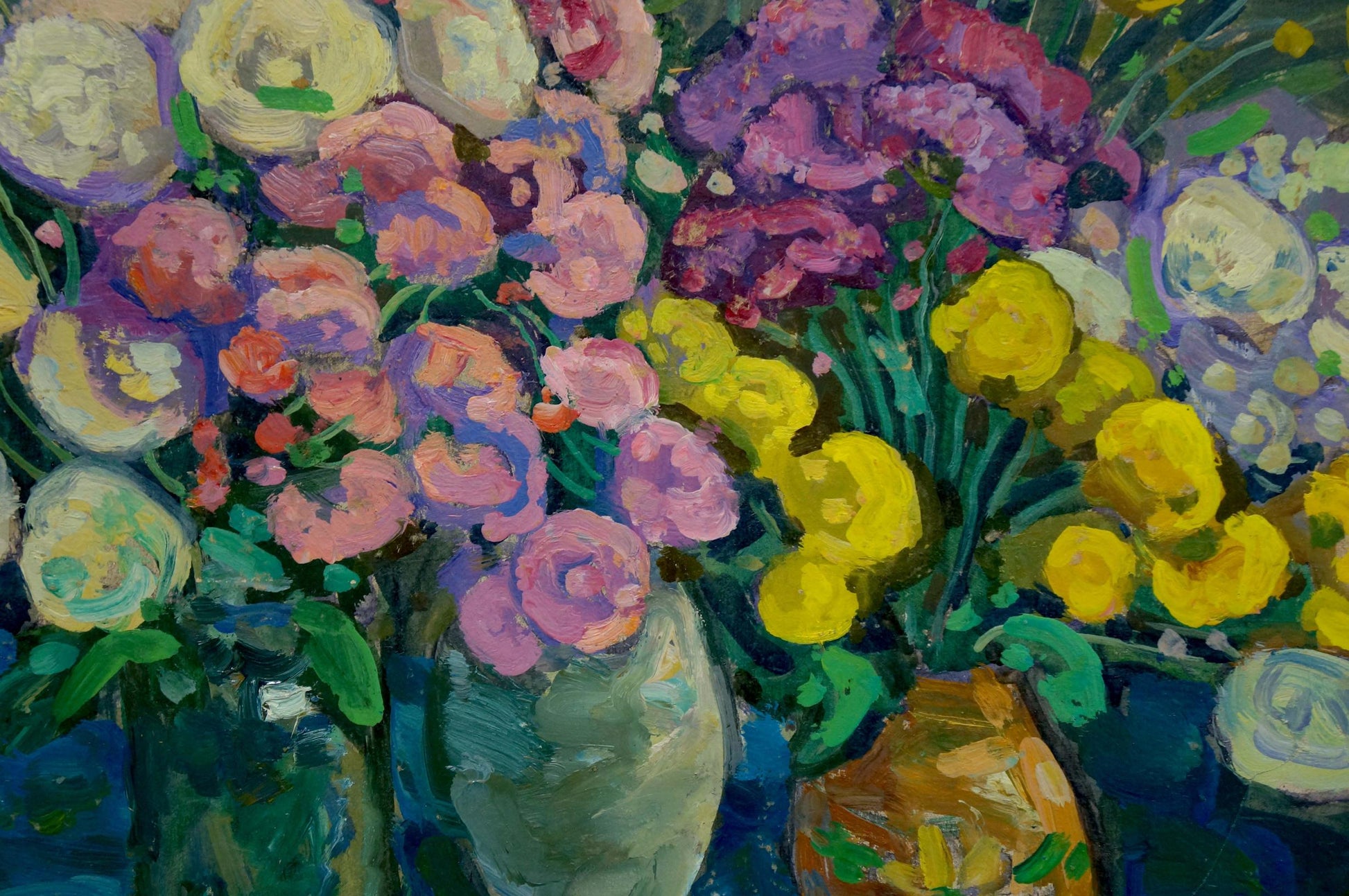 Oil painting of flowers by Gaiduk Zinaida Kirillovna in green and orange vases