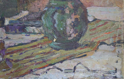 Green textured ceramic vase with brushstrokes by Yuri Dmitrievich Shevchik