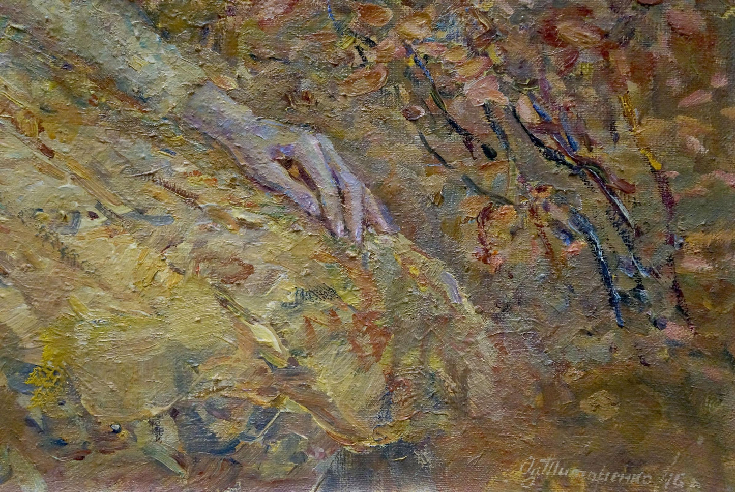 Oil painting by Autumn Tytarenko Odarka Anatoliivna: hand on golden fabric