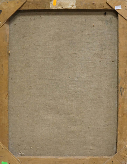 Back of Yuri Dmitrievich Shevchik Tulips oil painting on canvas with beige linen and wood bars