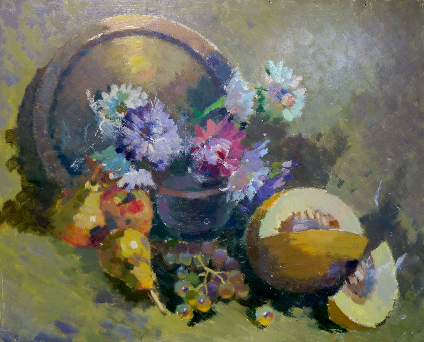 Oil painting still life with melon, pears, grapes, flowers by unknown artist