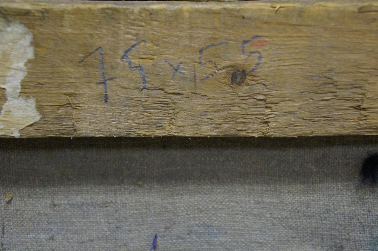 Back of Yuri Dmitrievich Shevchik Tulips oil painting: weathered stretcher bar marked 19 x 5.5 in blue ink