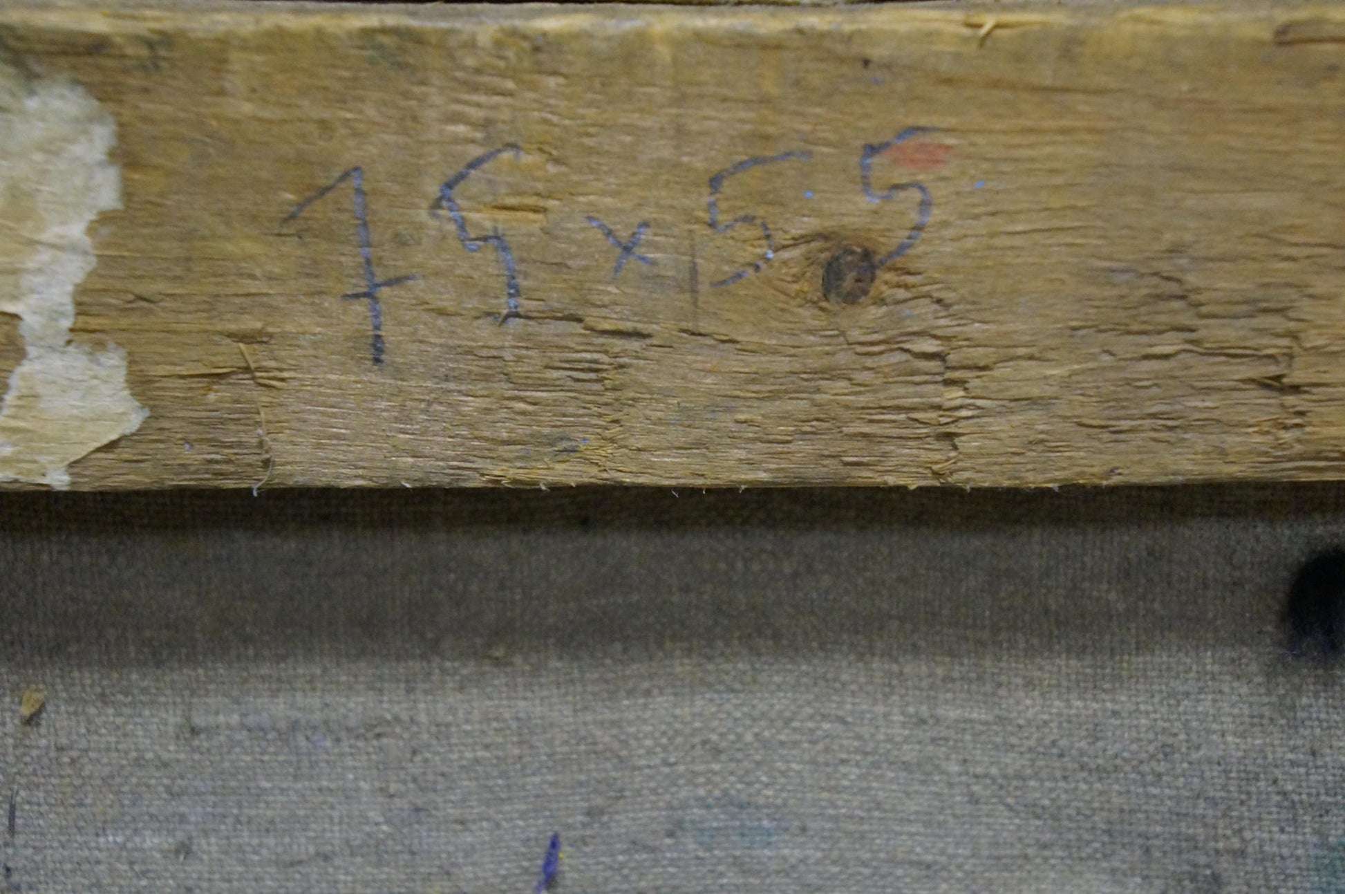 Back of Yuri Dmitrievich Shevchik Tulips oil painting: weathered stretcher bar marked 19 x 5.5 in blue ink