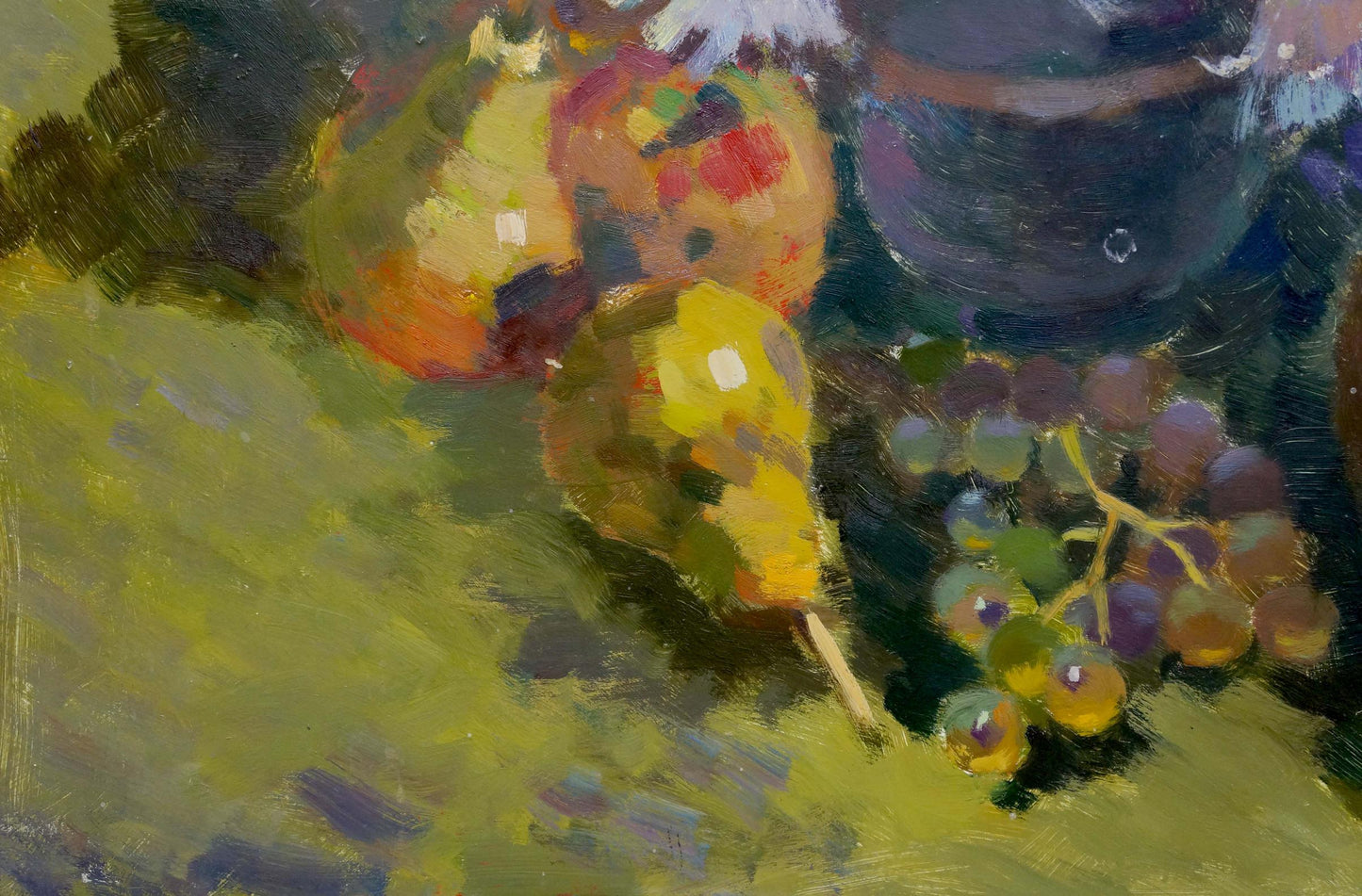 A cluster of purple and green grapes with a yellowish-green stem, painted in an impressionistic style.