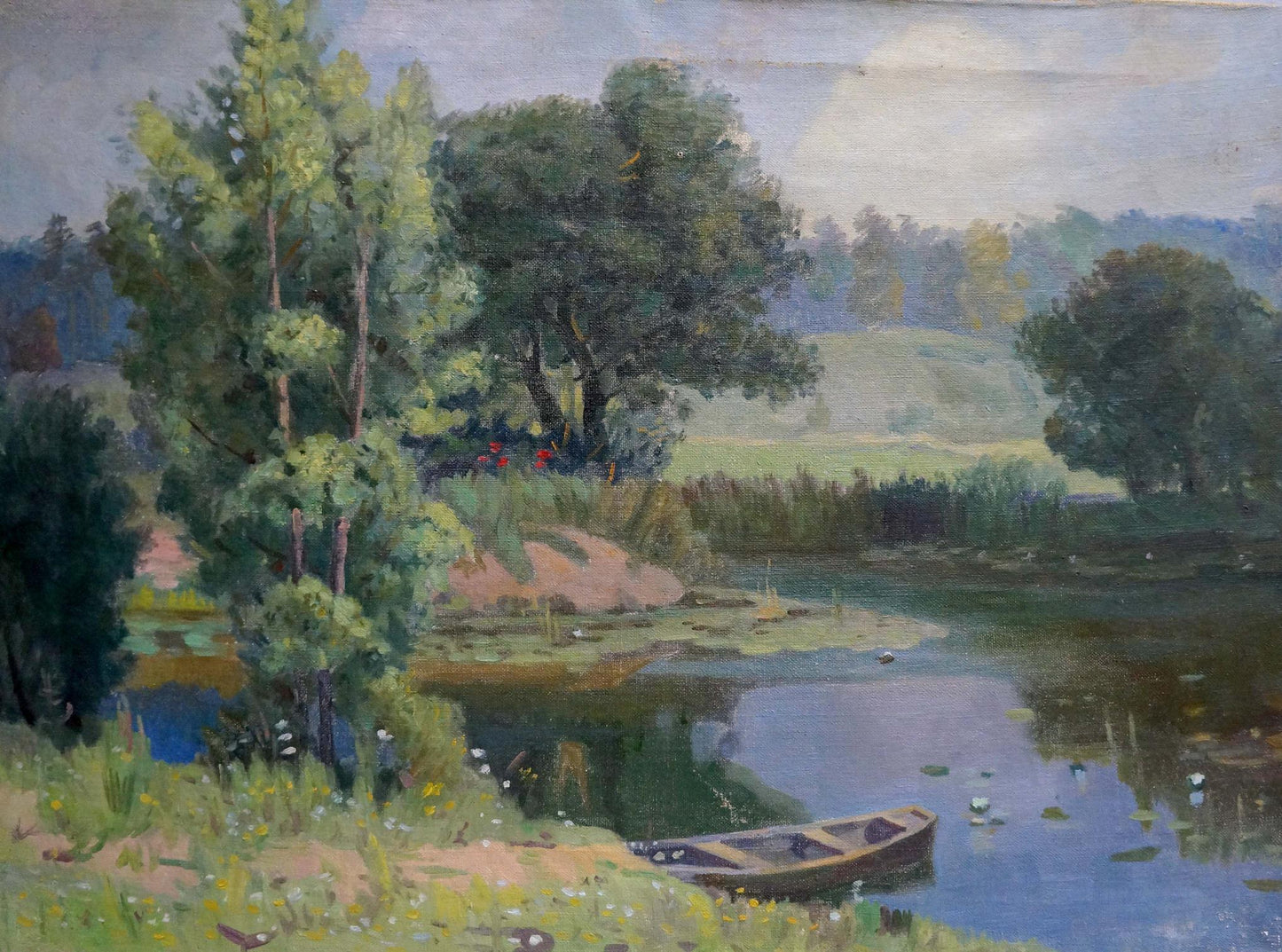 Oil painting Landscape Zorya by Galina Denisovna: wooden rowboat on tranquil river