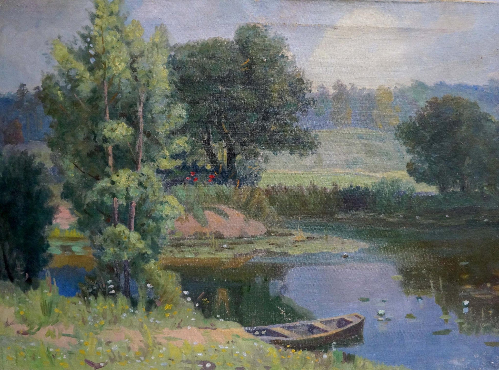 Oil painting Landscape Zorya by Galina Denisovna: wooden rowboat on tranquil river