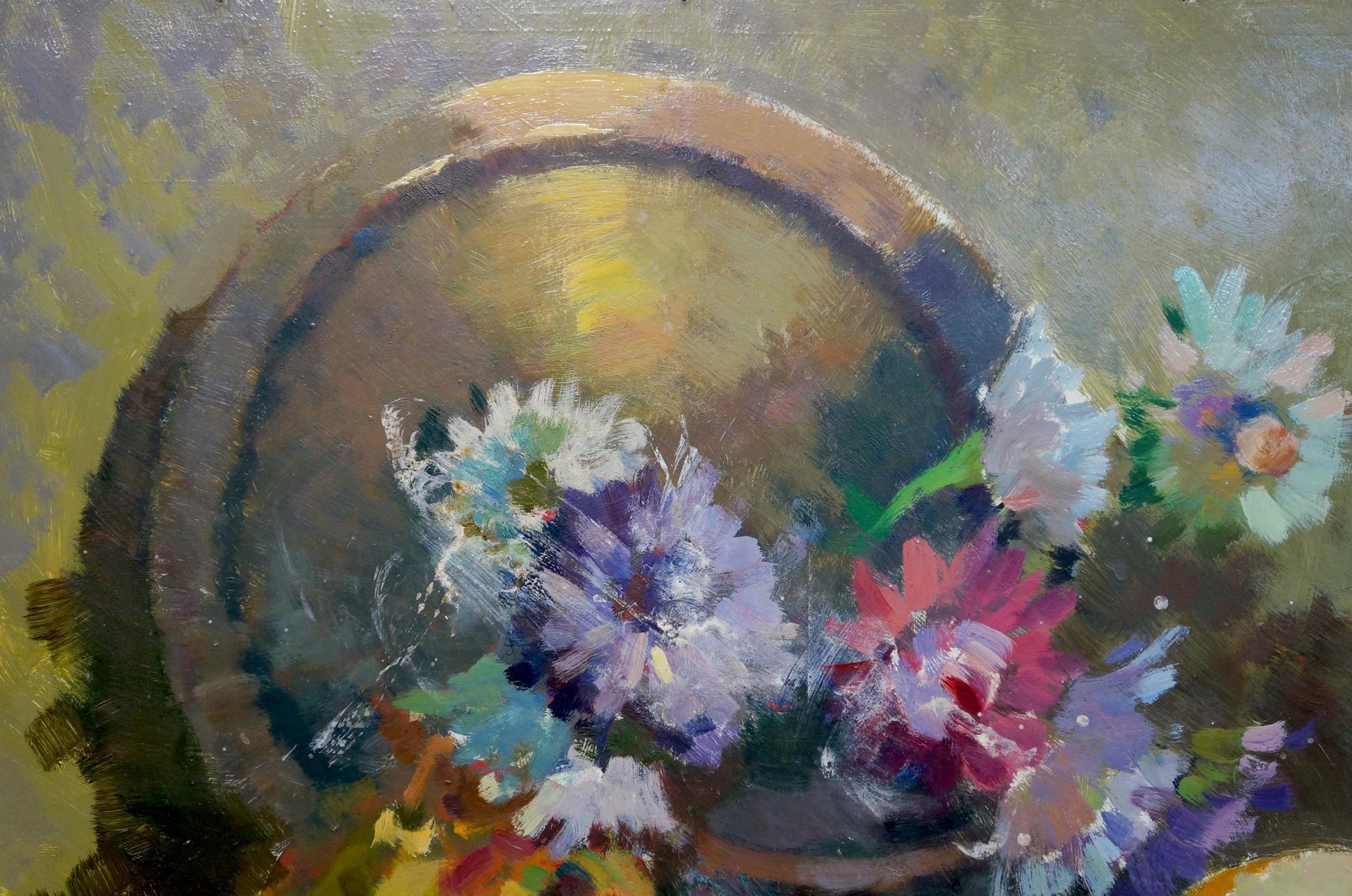 Vibrant impressionist oil painting of still life with melon, pears and flowers