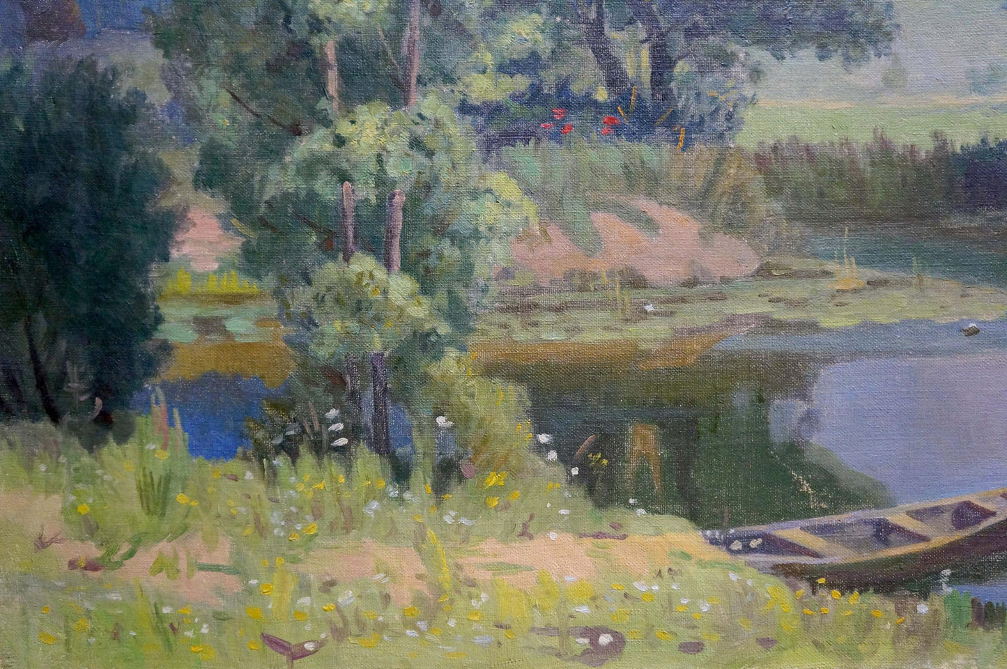 Oil painting Landscape Zorya by Galina Denisovna: canoe on grassy bank