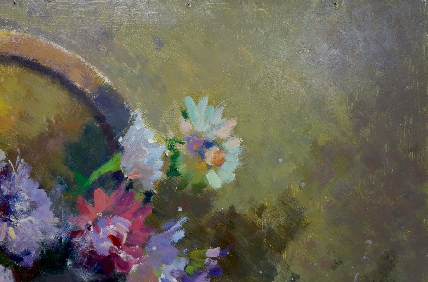 Vibrant impressionistic oil painting of floral still life with melon and pears